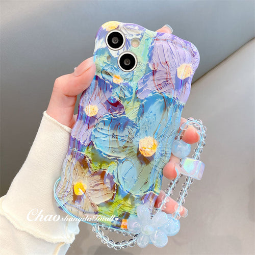 3D Colorful Oil Painting Exquisite Flower Graffiti Case For iPhone With Bracelet - mycasety2023 Mycasety