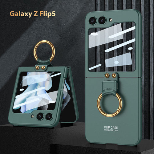 Electroplated Samsung Galaxy Z Flip 5 Case with Front Screen Tempered Glass Protector and Ring - mycasety2023 Mycasety