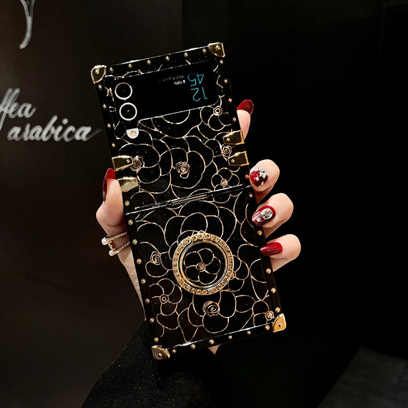 Luxury Brand Camellia Gold Plating Square Case For Samsung Galaxy Z Flip4 Flip3 5G pphonecover