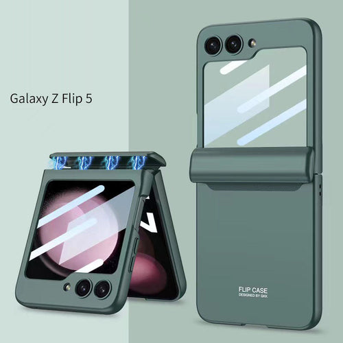 Magnetic Samsung Galaxy Z Flip 5 Hinge Full Coverage Phone Case with Front Screen Tempered Glass Protector - mycasety2023 Mycasety